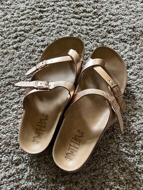 Metallic Rose Gold Double-Strap Slide Sandals